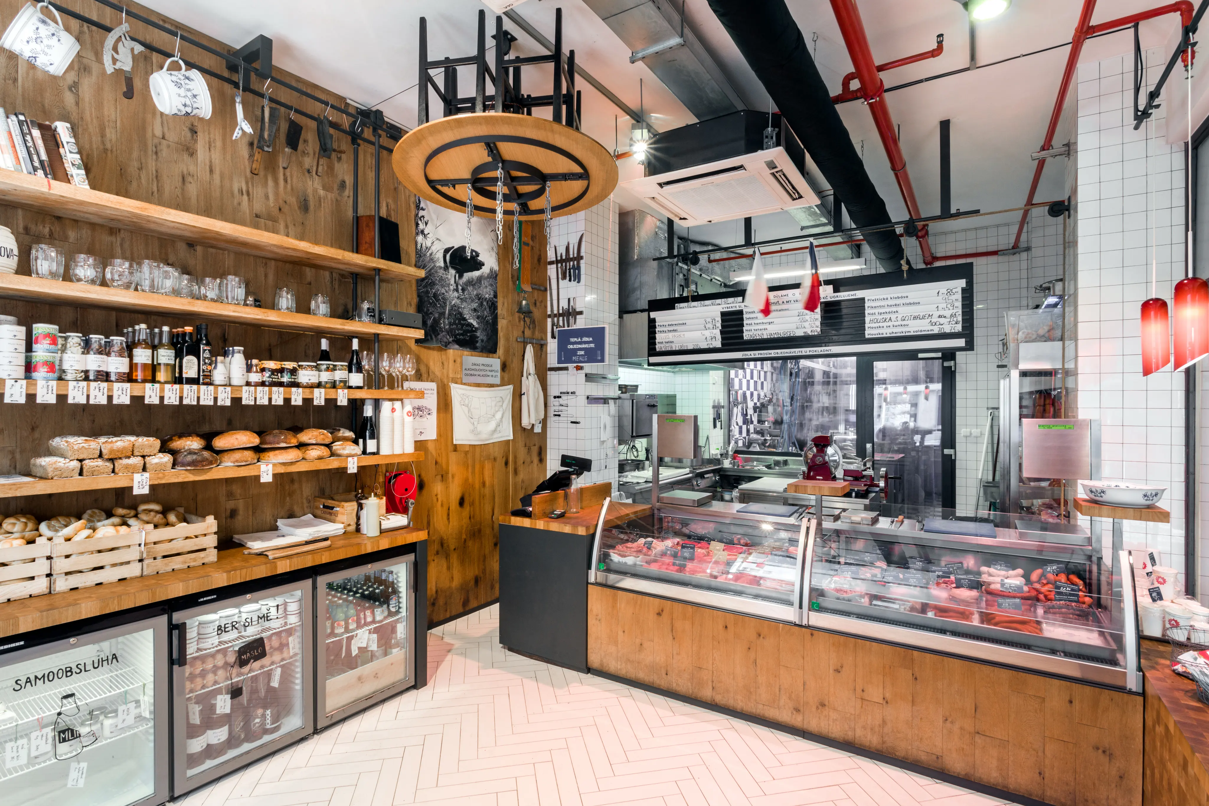 Interior of Naše maso butcher shop on Dlouhá Street.
